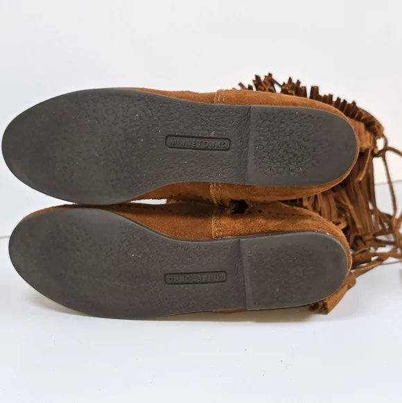 Minnetonka Double Fringe Suede Moccasin Indie Boho Boots Brown Size 5 - Picture 10 of 16